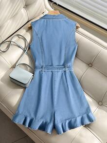 GlowEve Bộ jumpsuit denim nữ mùa hè dáng rộng, không tay, cổ ve lật, viền bèo nhún. - Màu xanh lam - Xem 2
