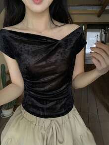 DAZY 女士纯色不对称领修身短袖T恤 夏季 - 黑色 - 查看 3