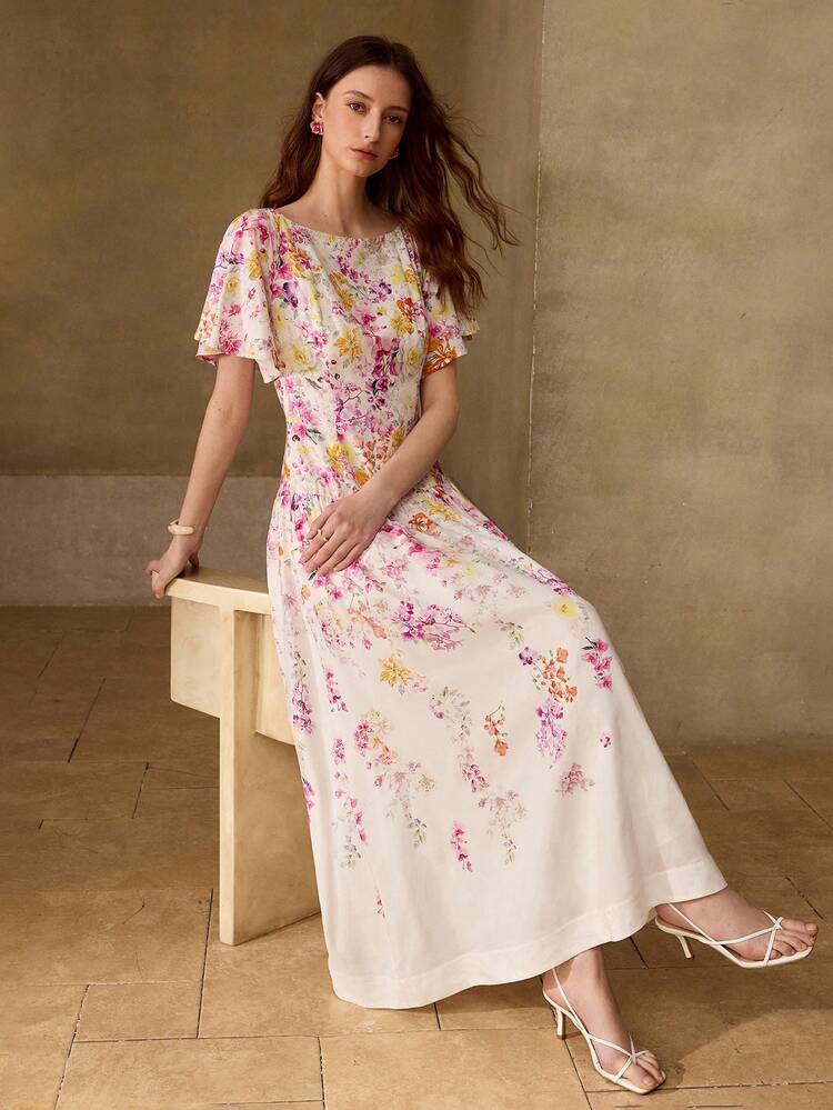 WOMEN'S BOAT NECK FLUTTER SLEEVE FLORAL PRINT LONG DRESS, ELEGANT AND GRACEFUL, SPRING/SUMMER