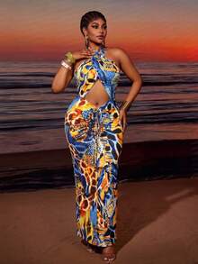 Maweii Vestido de playa con cuello de halter y espalda descubierta para tallas grandes - Multicolor - Ver 4
