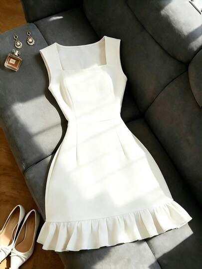 Franclia Elegant Square-Neck Sleeveless White Ruched Ruffle Dress For Women, Women's Dress, White Dress, Square Neck Sleeveless Design, Fitted Design, Solid Color Valentine's Day Date Outfit, Elegant And Professional Style Women's Dress, Casual Dress, Suitable For Summer Dates, Evening Dates, And Creating A Romantic Atmosphere, Women's Short Dress, Simple And Stylish New Design Dress, Solid Color Dress, White Retro Dress, Square Neck Dress, Puff Sleeve Dress, White Mini Dress, French Style Dress, Ruched Ruffle Dress, Outerwear Commuting Dress, Women's Work Dress, Work Dress, Women's Commuting Outfit, Women's Formal Dress/Gown, Holiday Dress, White Dresssports,Luxury,Formal,Work Outfits For Women,Country Concert Outfit,Graduation Season Attire, Fashionable Casual Commuter Wear, Business Office Wear, Versatile And Stylish Everyday Casual Wear, Urban Teacher's Professional Attire
