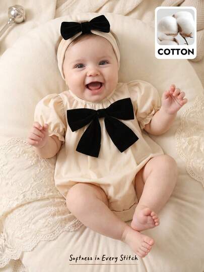 Cozy Pixies 新生女宝宝撞色蝴蝶结圆领泡泡短袖连体衣