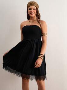 Freevana Vestido tubo casual de fiesta con parches de encaje y volantes en unicolor para mujer de talla grande - Negro - Ver 3
