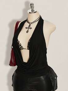 SHEIN ICON 女士加大码复古性感时尚个性休闲千禧风Y2K都市摩登大胆前卫黑色吊带上衣豹纹吊带系带文胸两件套吊带背心 - 黑色 - 查看 7