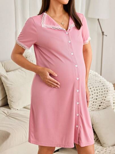 BloomMama Basic Casual Fashion Turndown Collar Ribbed Fabric Lace Trim Placket Short Sleeve Nursing Maternity Nightgown
