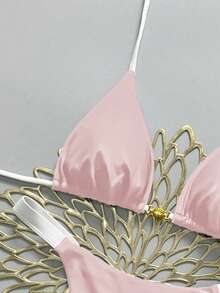 Swim Vcay 女士两件套贝壳装饰系带露背比基尼套装，撞色设计，海滩度假 - 粉色 - 查看 4