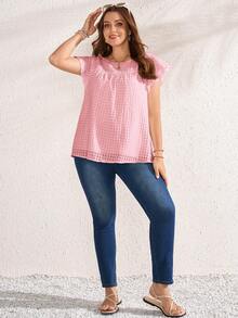 Rosumi Plus Size Women's Cerise Pink Summer Smart Casual Vacation Holiday Flutter Sleeve Ruffle Loose Blouse Top, Country Concert - Baby Pink - View 9