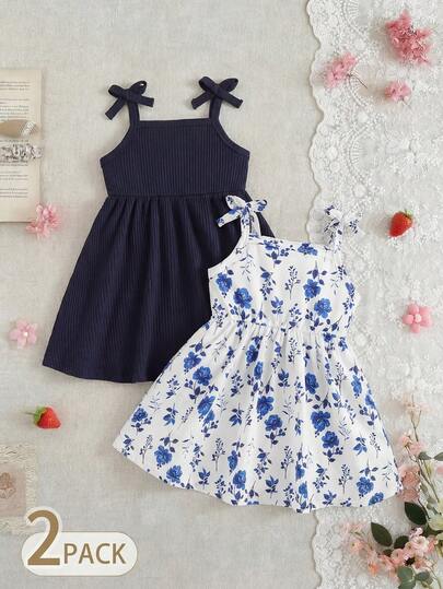 SHEIN 2 件套女婴休闲百搭可爱有趣甜美复古蓝色碎花吊带连衣裙多色组合适合节日庆祝、生日拍照、户外活动、日常休闲、度假，适合 3 个月至 3 岁的宝宝