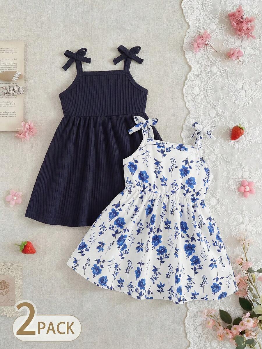 SHEIN 2件套女婴碎花系带连衣裙和罗纹简约连衣裙 - 藏蓝色 - 查看 1