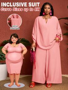 SHEIN CURVE+ Curve Size US22Music Festival, Seaside Vacation, Bohemia2pcs Casual Solid Color Lapel Long Sleeve Top And Pants Set, Women Western Style Outfit - Pink - View 3