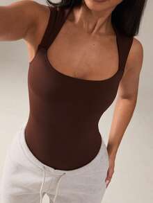 SHEIN BAE 纯色U领无袖镂空修身运动连体裤，夏季 - 咖啡棕 - 查看 4