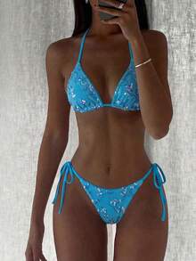 Costavie Bộ bikini gợi cảm gồm 2 món: áo ngực tam giác và quần bơi buộc dây bên hông bằng vải đặc biệt đính sequin nhiều màu sắc, thích hợp cho mùa xuân/hè. - Màu xanh lam - Xem 1