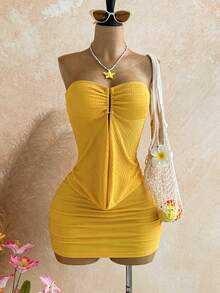Soleia Vestido mini ajustado de unicolor y estilo de moda para mujer en verano - Amarillo - Ver 1