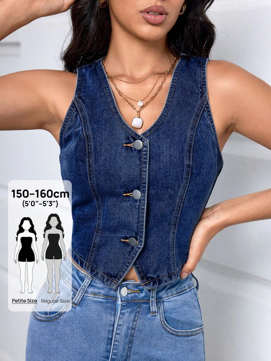 SHEIN PETITE 女士纯色V领无袖修身短款牛仔外套，夏季时尚 - 藍色 - 查看 1