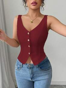 Elenzga 2025 Spring & Summer Versatile Casual Slim Fit V-Neck Sleeveless Top - Burgundy - View 4