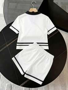 SHEIN Teen Girls'2pcs/Set Athletic Polo Collar Graphic Print Loose T-Shirt And Shorts Co-Ord Set,Summer White Back-To-School Holiday Uniform Outfits Suit - White - View 2