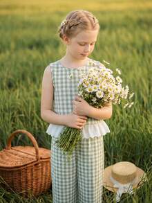 Emery Rose Kids Emery Rose Kids 少女格子蝴蝶结装饰无袖上衣和裤子套装 - 綠色 - 查看 2