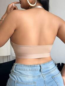 SHEIN Plus Size Front Closure Wireless Comfort Halter Bra - Camel - View 2