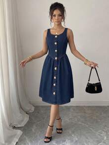 SHEIN Elenzya 女士金属单排扣无袖时尚牛仔连衣裙 - 深色水洗藍 - 查看 3