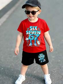 SHEIN 2pcs/Set Toddler Boys' Creative Graphic 67 Building Block & Lightning Bolt Letter Print Short Sleeve T-Shirt And Shorts,Summer,School,Back-To-School - Multicolor - View 3