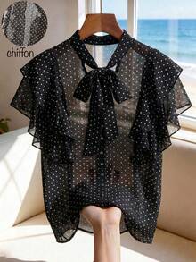 SHEIN Franclia 女士时尚优雅日常无袖波点性感半透明V领系带蝴蝶结雪纺吊带衫 - 黑與白 - 查看 1