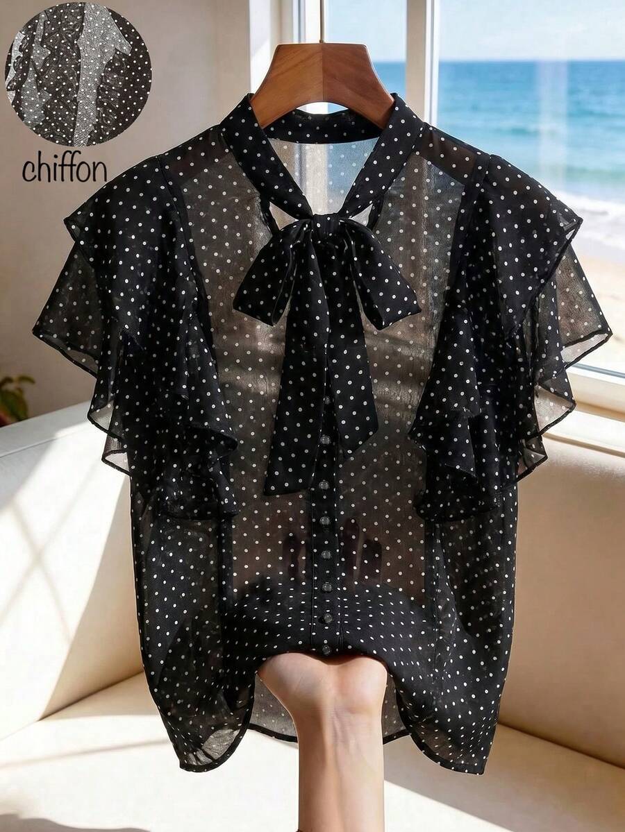 SHEIN Franclia 女士时尚优雅日常无袖波点性感半透明V领系带蝴蝶结雪纺吊带衫 - 黑與白 - 查看 1