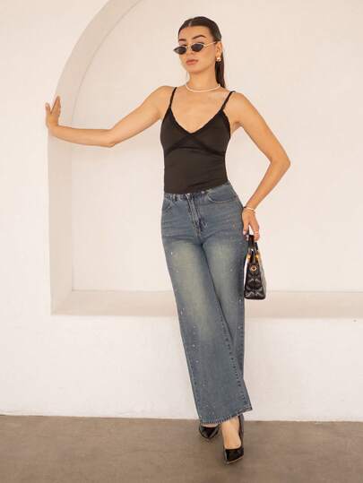 Andrea Bello 女款高腰寬腿牛仔褲,帶口袋