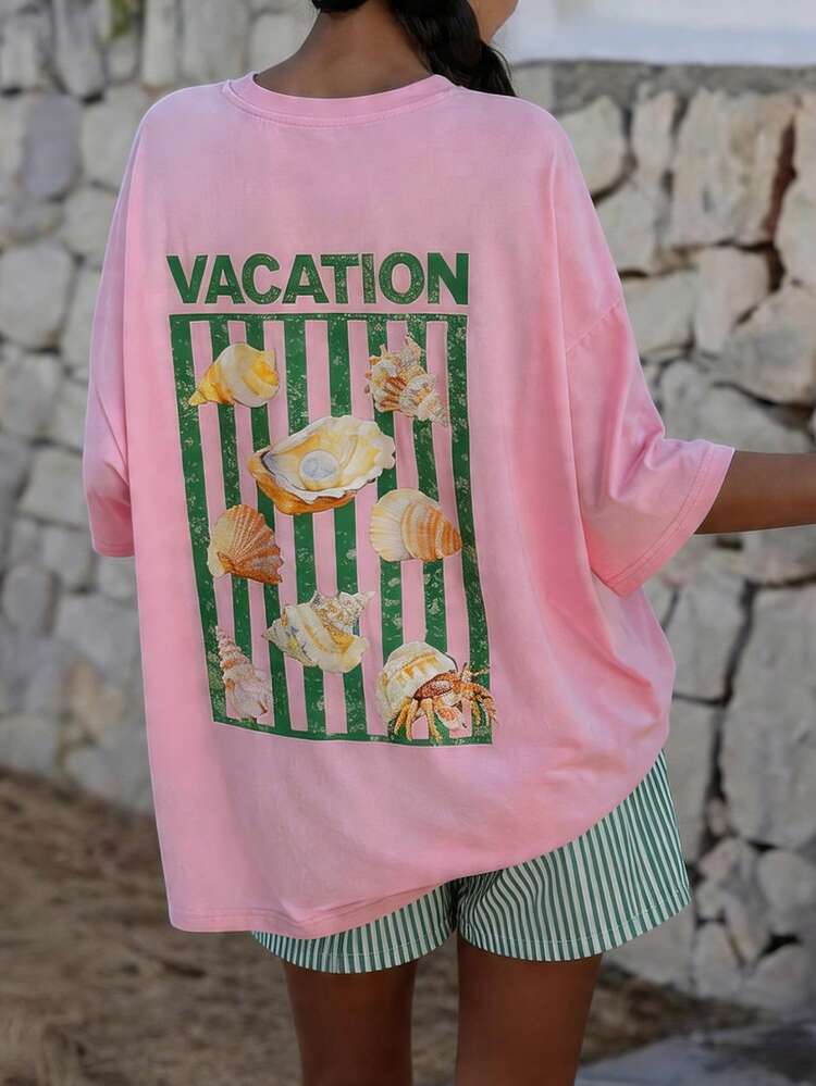 Women's Round Neck Short Sleeve Loose Pullover Printed Vacation T-Shirt