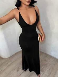 SHEIN SXY Đầm hai dây gợi cảm hở lưng, màu trơn, đính kim loại, dáng đuôi cá, ôm sát, thích hợp cho kỳ nghỉ biển dành cho nữ. - màu đen - Xem 3