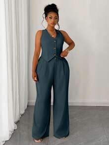 Maweii Plus Size Women 2 Pieces Set: Solid Color Cropped Vest & Wide Leg Pants - Teal Blue - View 4
