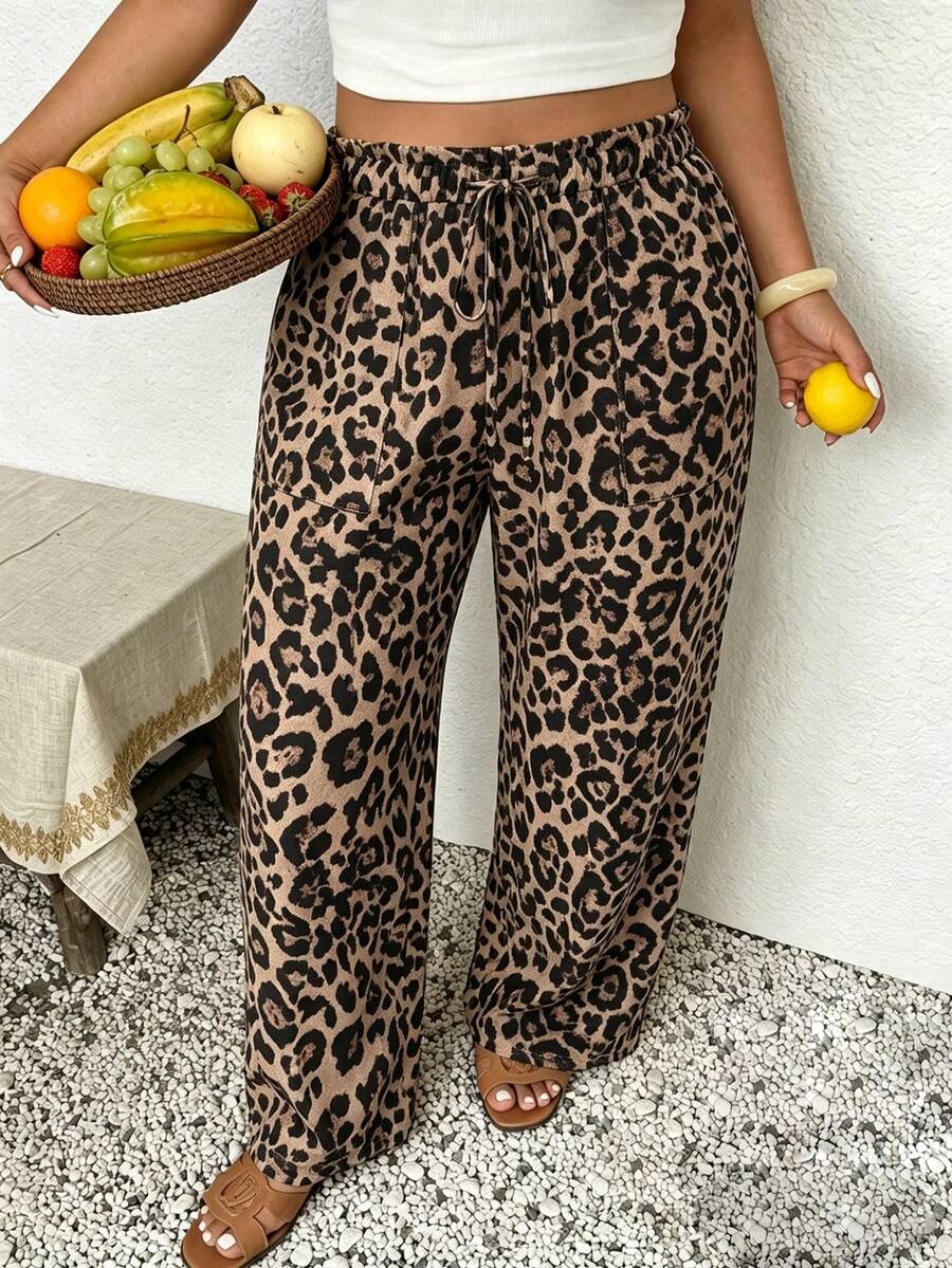 SHEIN Frenchy Quần dài nữ cỡ lớn, kiểu dáng thường ngày, họa tiết da báo màu nâu, phong cách thoải mái cho kỳ nghỉ, quần mùa hè. - màu nâu - Xem 1