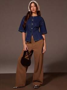 Athîral Denim 女士时尚百搭纽扣短袖牛仔衬衫，休闲日常穿着 - 藍色 - 查看 3