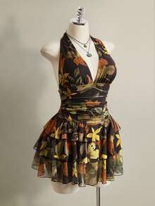 SHEIN ICON Plus Size Leopard Print Halter Neck Ruched Waist Multi-Layered Mesh Dress - Multicolor - View 5
