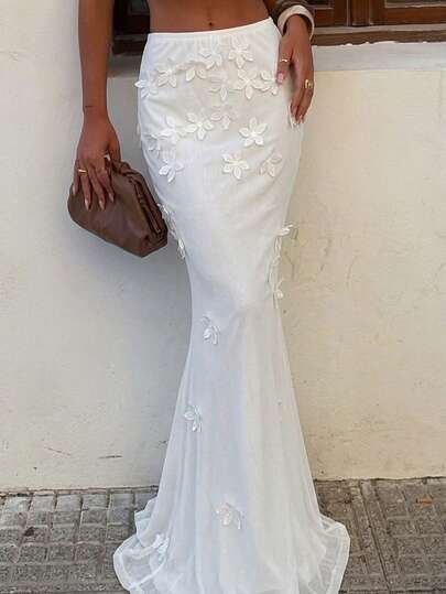 Firerie Women's Elegant Romantic Delicate Wedding Guest, Date, Party, Birthday, Beach Vacation Low Waist 3D Floral Mesh White Extra Long Mermaid Skirt