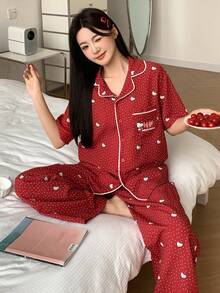 HELLO KITTY | DAZY 夏季波点印花宽松轻薄女士睡衣套装 - 紅色 - 查看 6