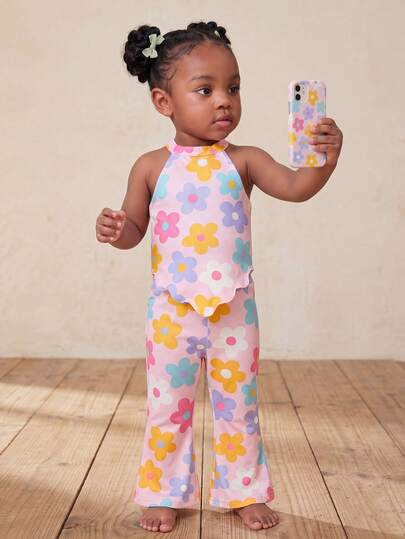 Cozy Pixies Baby Girl Summer Casual Cute & Soft Pink Floral Knit Halter Top And Flare Pants 2 Pieces Set