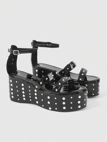 ROMWE Grunge Punk Giày sandal đế cao, gót đính kim tuyến, khóa cài nhọn dành cho nữ. - màu đen - Xem 2