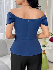 Feyla Women's Elegant Mature Modest Off Shoulder Ruched Blouse, Solid Color, Summer Party Brunch Royal Blue - Blue - View 4