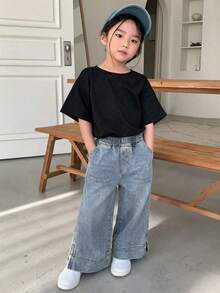 Dazy Kids 少女純色極簡休閒牛仔褲 - 中等水洗藍 - 查看 5