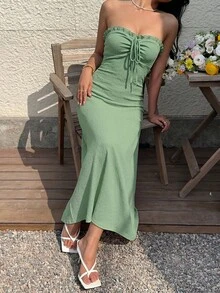 Sunnyshic Women's Minimalist Solid Color Drawstring Frill Trim Tube Dress - Green - View 7