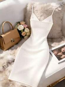 Vestido de tirantes acanalado de unicolor simple para mujer, verano - Albaricoque - Ver 2