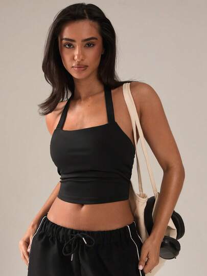 SHEIN BAE 纯色露背吊带褶皱修身休闲背心，适合夏季穿着
