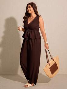 Elaquor Plus Size Casual Solid Color Tank Top And Pants 2 Pieces Set - Coffee Brown - View 4