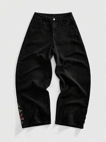 ROMWE MEN Street Life Quần jean denim nam họa tiết hoa anh đào phương Đông - màu đen - Xem 2