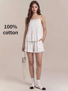 SHEIN Unity 女款白色夏季優雅茶會蕾絲百褶細肩帶背心，復古學院風 Y2K 90年代復古休閒日常穿搭時尚上衣 - 白色 - 查看 5