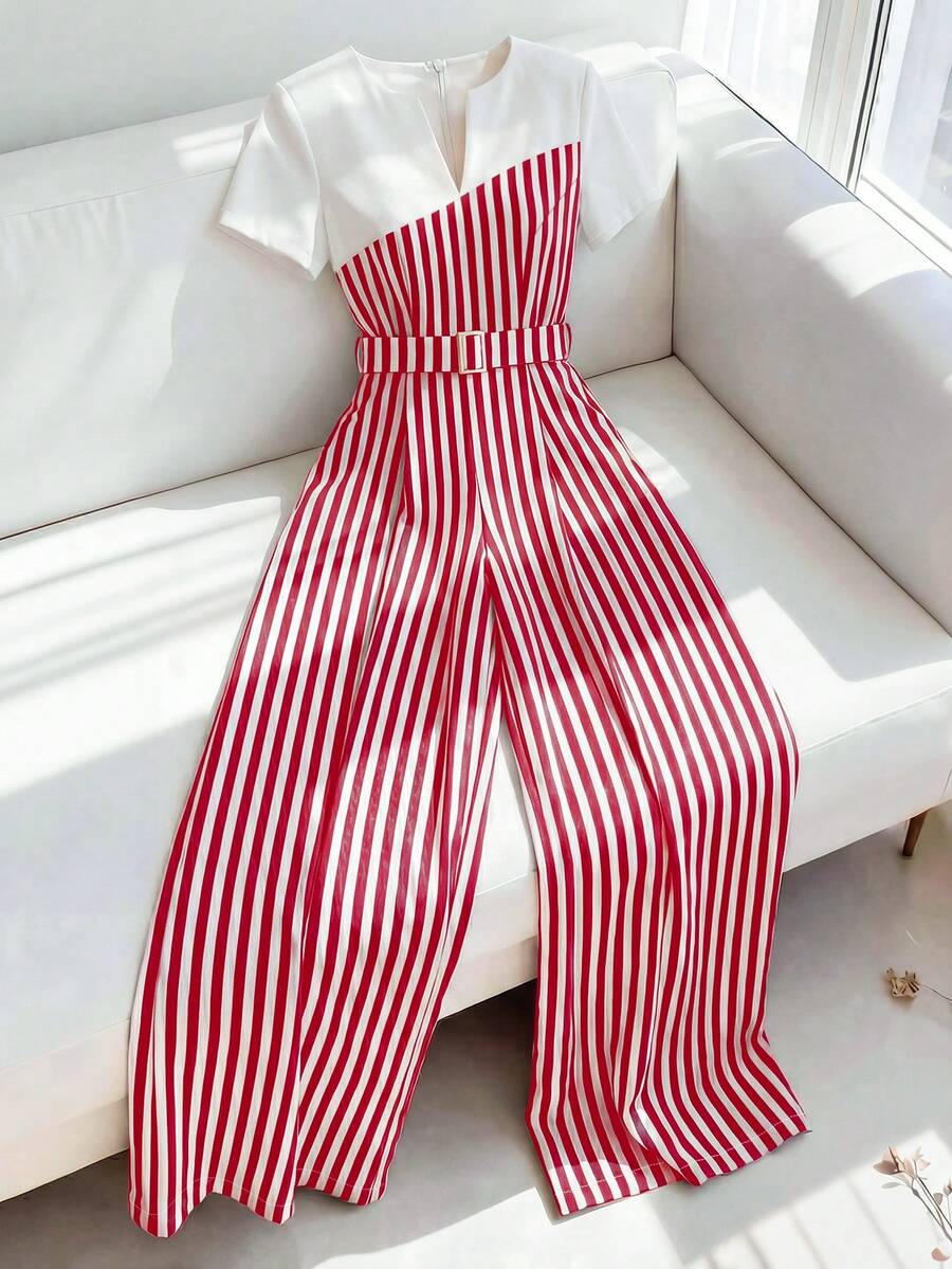 Franclia Mono casual de mujer, mono a rayas de bloques de color - Rojo y blanco - Ver 1