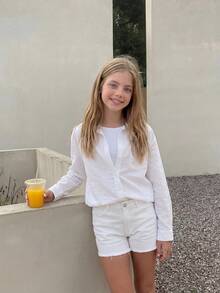 DAZY Versatile Loose Fit Turndown Collar All-Match Tween Girls Shirt - White - View 4