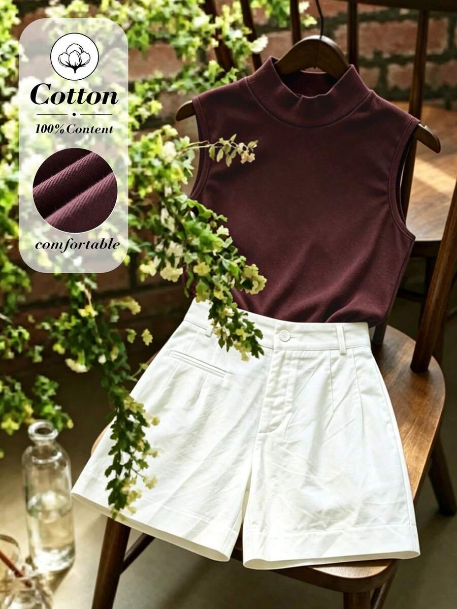 Airaco Women's Casual Elegant Comfortable Cotton Tank Top And Shorts Set - Brown - View 1