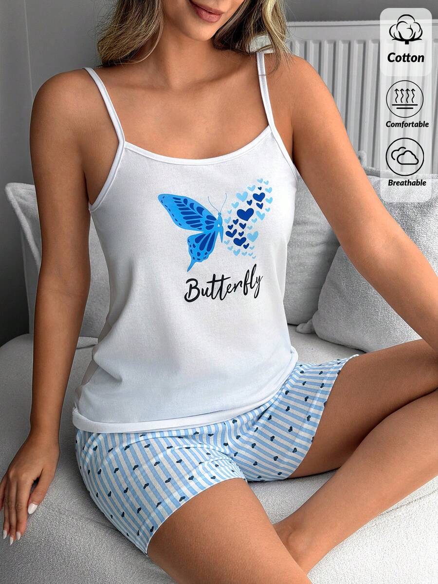 SHEIN Cotton Line 女士蓝色蝴蝶图案无袖上衣和高腰休闲爱心印花短裤两件套,适合日常穿着 - 藍色 - 查看 1