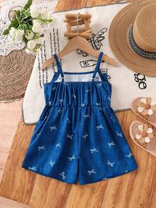 SHEIN Mono de niña pequeña de unicolor tejido con tirantes de moño - Celeste - Ver 2
